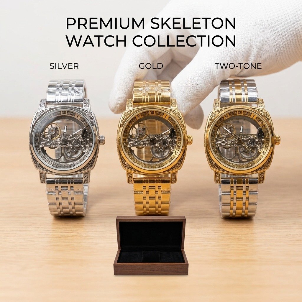 Premium Skeleton Automatic Mechanical Watch | Luxury See-Through Watch with Steel Strap | Available in Silver, Gold, Two-Tone | Free Wooden Gift Box